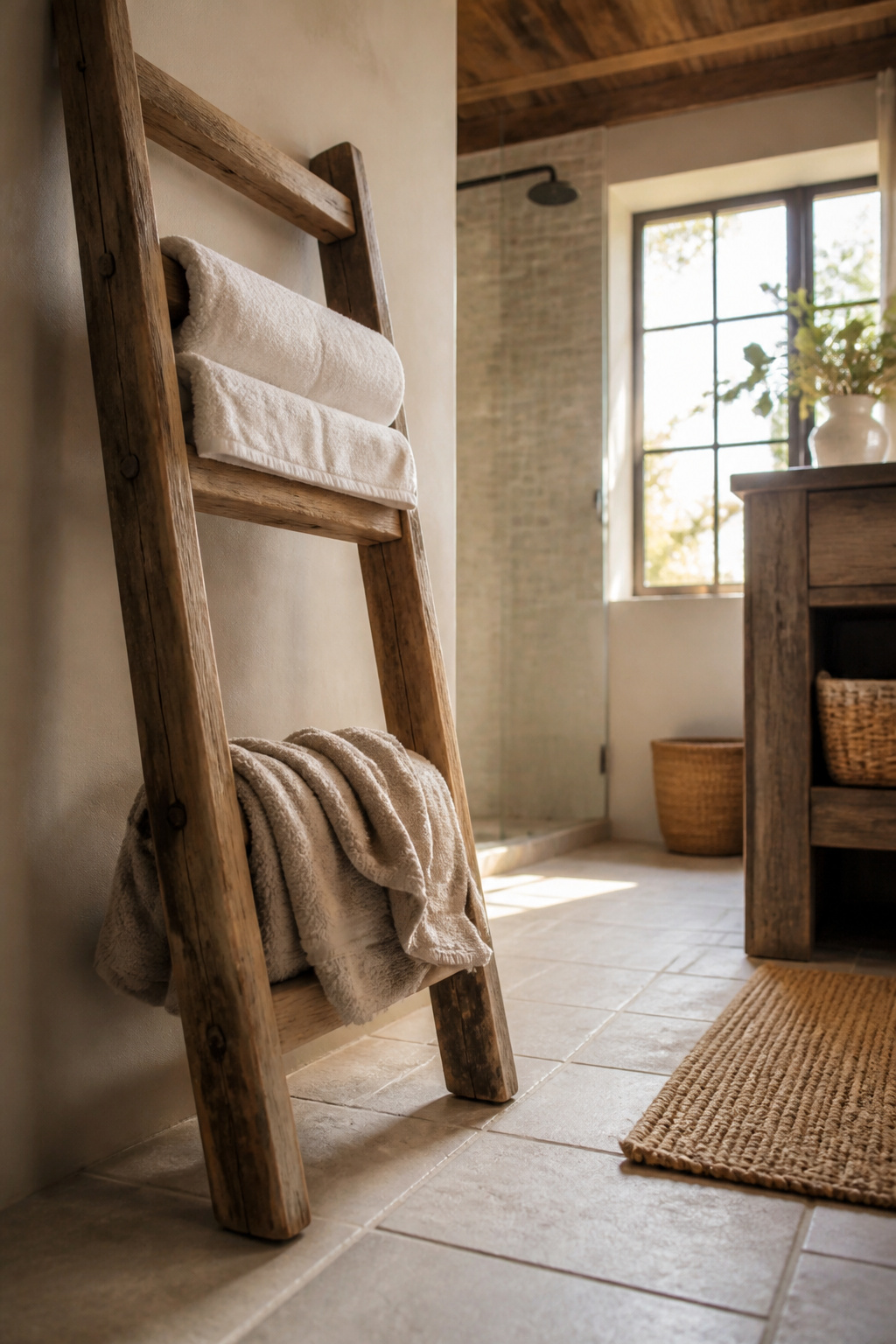 Wooden ladder storing towels on its rungs.