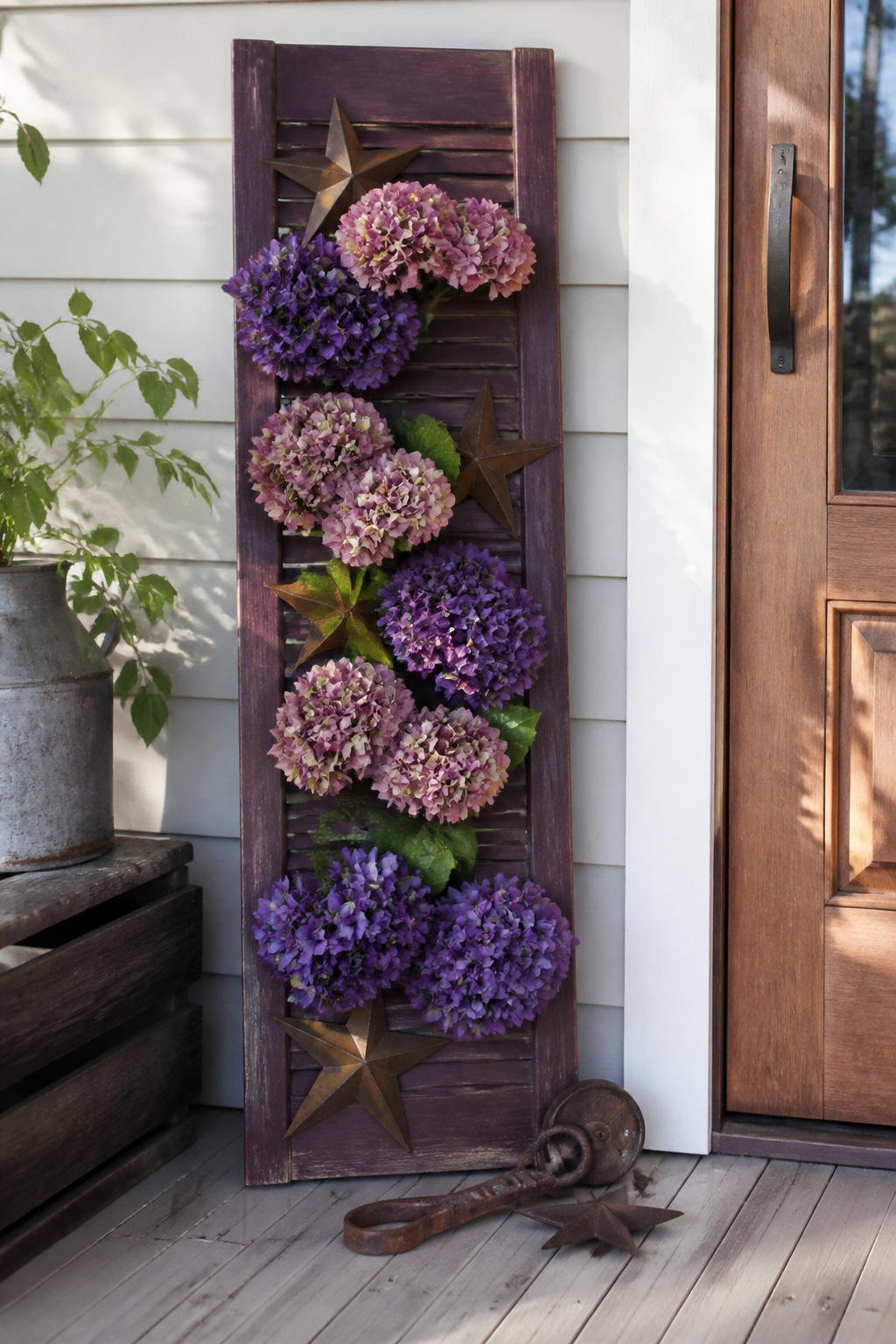 A shutter decorated with flowers and metal accents.