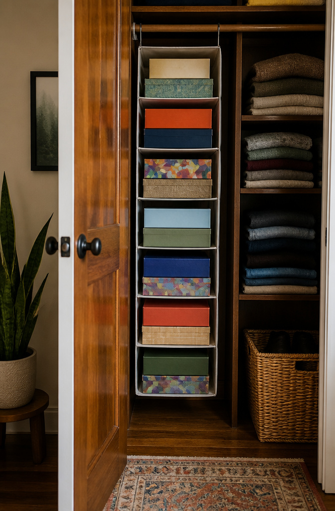 20 Clever Home Storage Ideas for Every Room in 2026 5 Fabric hanging organizer filled with board game boxes in a closet.