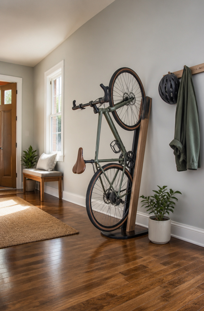 11 Eco-Friendly Bike Storage Ideas: Sustainable Ways to Store Your Bike (2026) 5 A no-drill bike stand leaning against a wall.