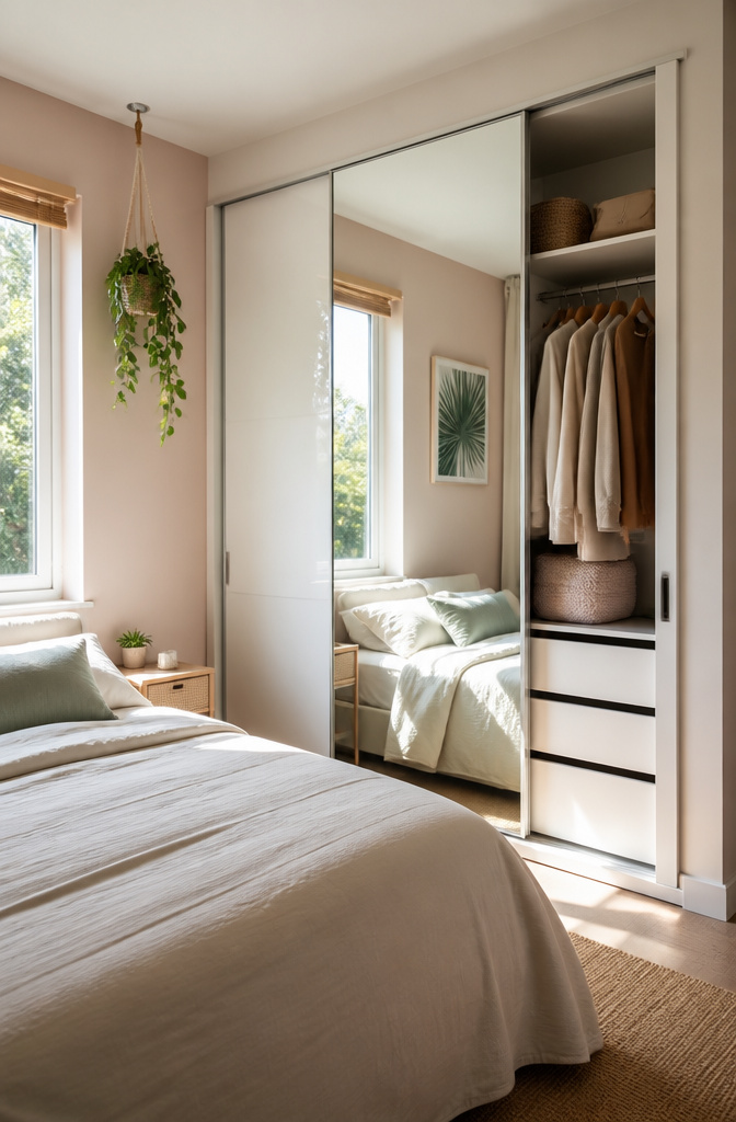 10 Small Bedroom Wardrobe Ideas for Space-Smart Storage in 2026 5 A wardrobe with mirrored doors in a brightly lit bedroom.