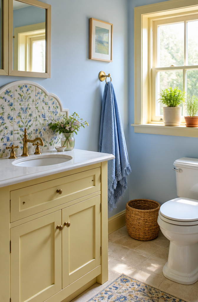A bright bathroom with pale blue walls and yellow accents.