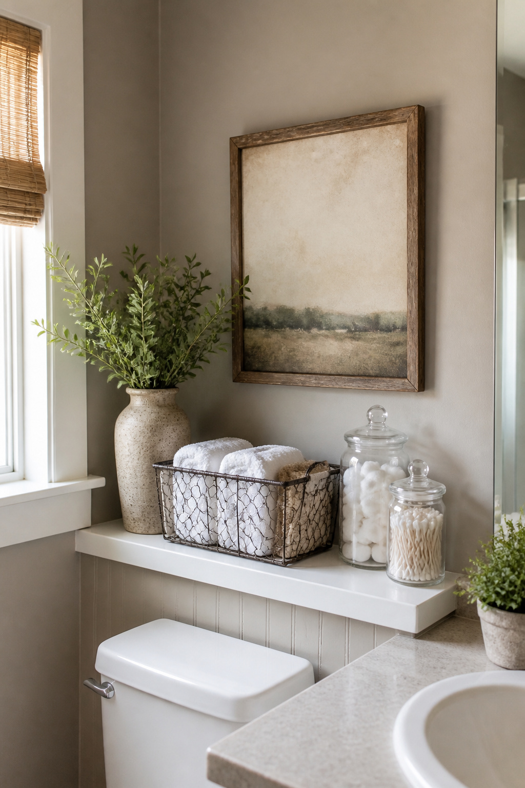 Standard Builder Grade Bathroom Light to Modern Farmhouse Makeover 5 Bathroom shelf styled with rustic accessories and apothecary jars.