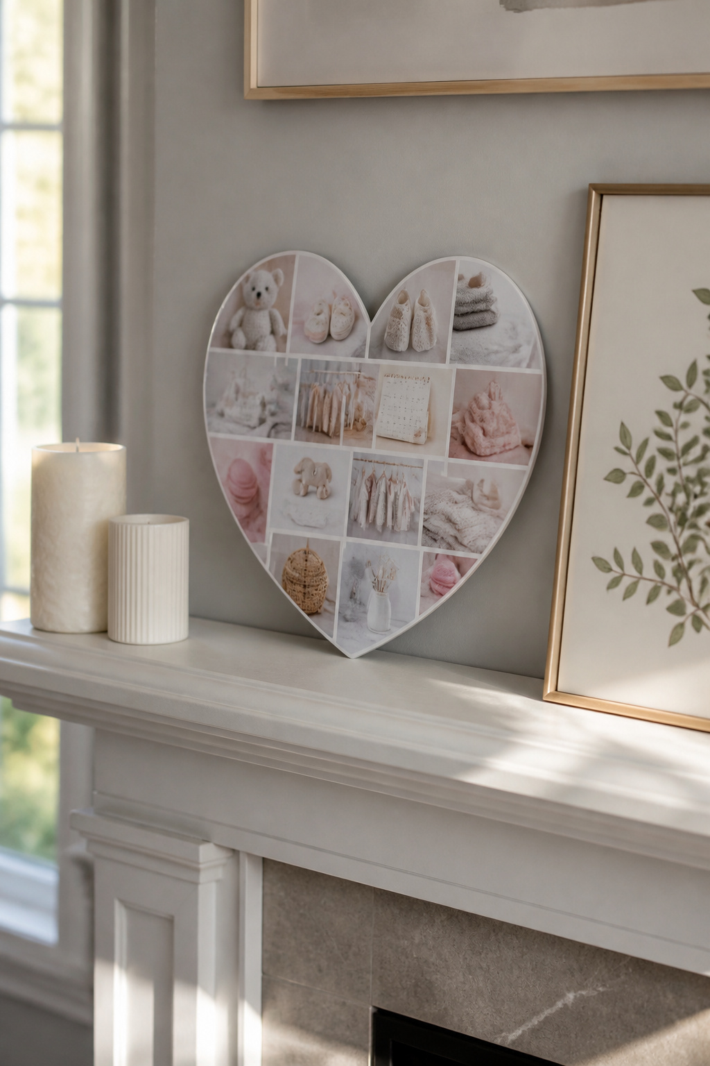 Baby Shower Card Heart Shaped Collage: Ideas for 2026 5 A heart-shaped photo tile on a gray mantle with candles and decor items.