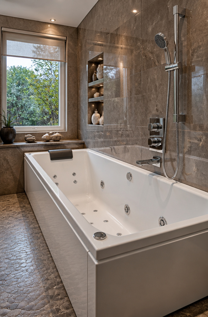 6 Bathroom with Bath and Shower Ideas for 2026 5 A tub with Jacuzzi jets and a handheld shower for convenience.