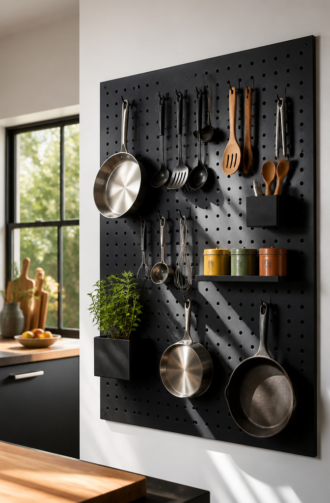 10 Kitchen Shelf Storage Ideas to Maximize Space in 2026 5 Metal pegboard mounted on a wall with various kitchen tools.