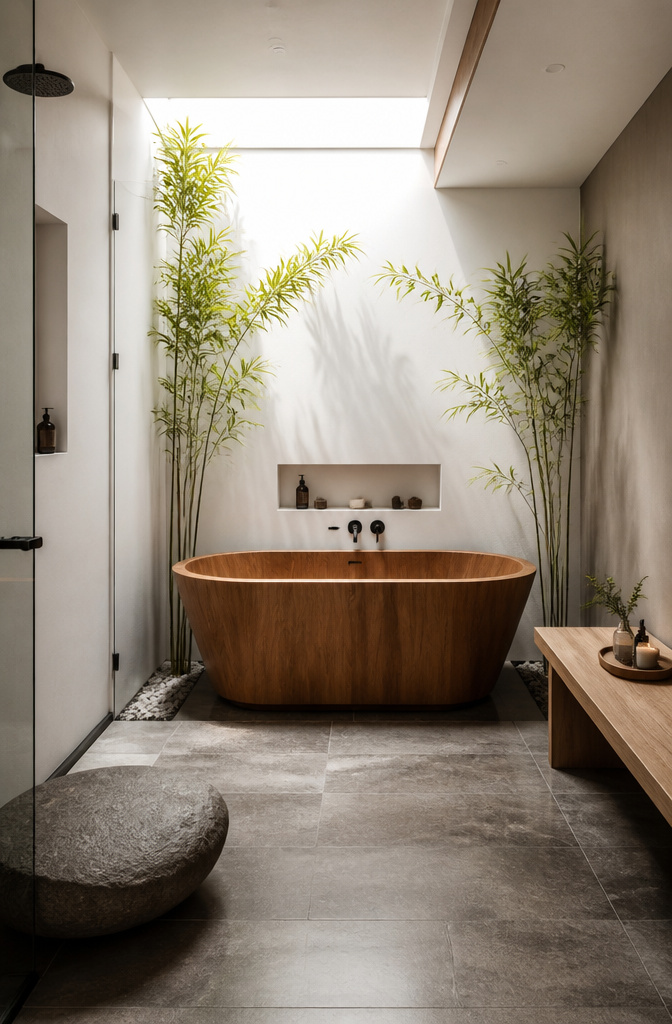 10 Bathroom with Bathtub Ideas for Every Style and Space 5 A wooden Japanese soaking tub surrounded by bamboo plants in a minimalist bathroom.
