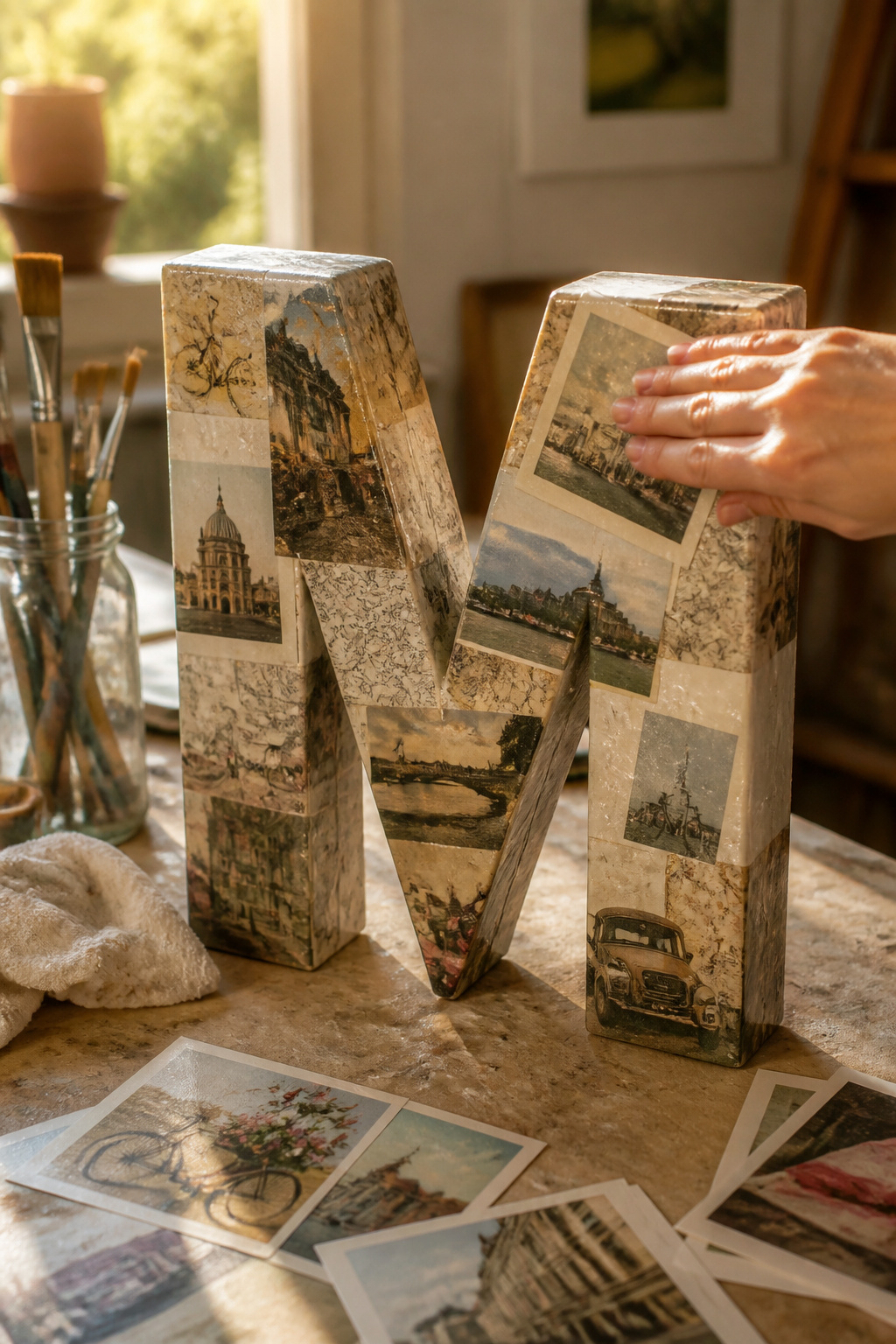 A brush applying Mod Podge on a letter for photo adhesion.