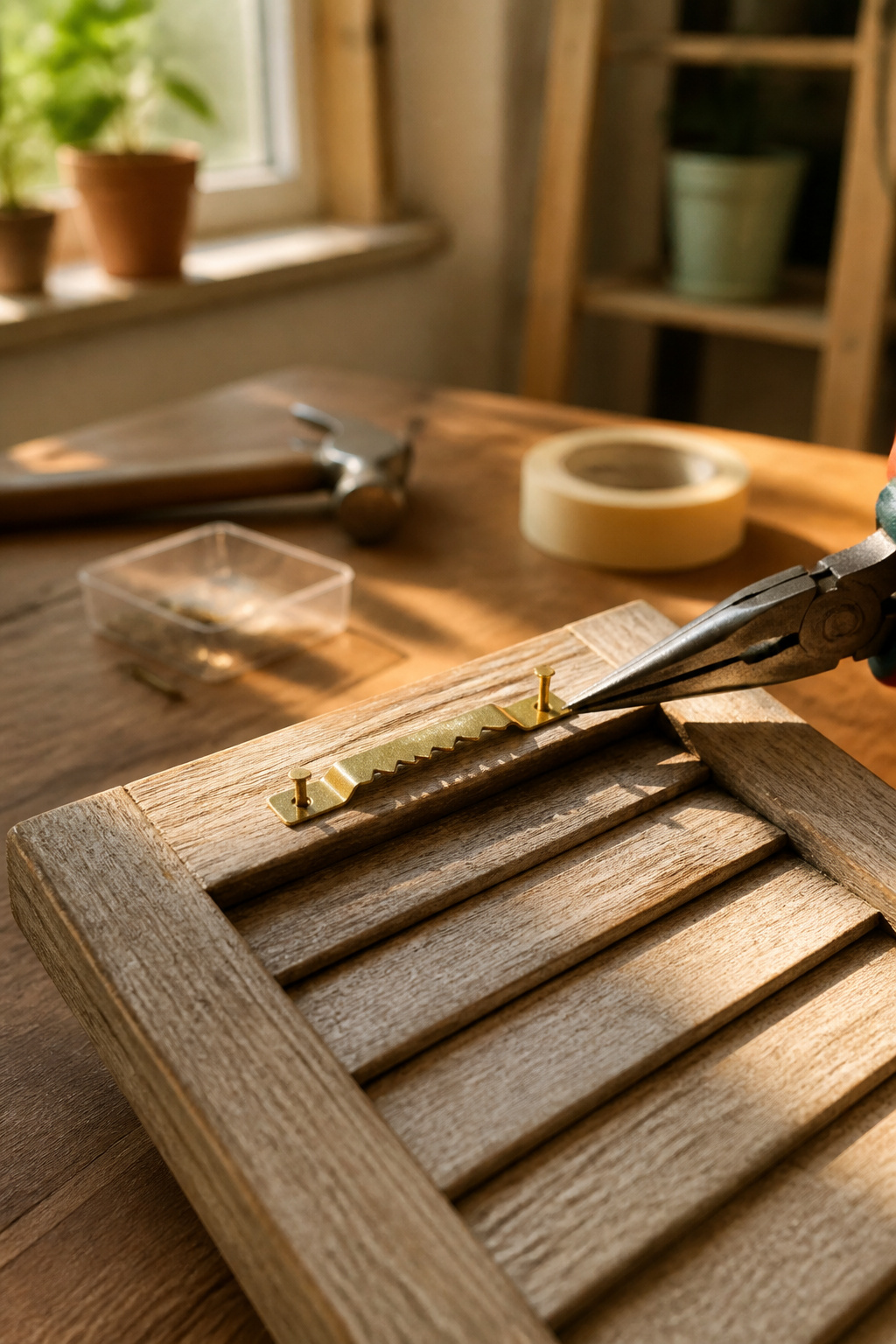 Close-up of a sawtooth hanger being attached to a shutter.