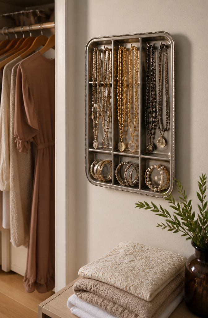 20 Clever Home Storage Ideas for Every Room in 2026 6 A mounted silverware tray holding necklaces and bracelets on a closet wall.