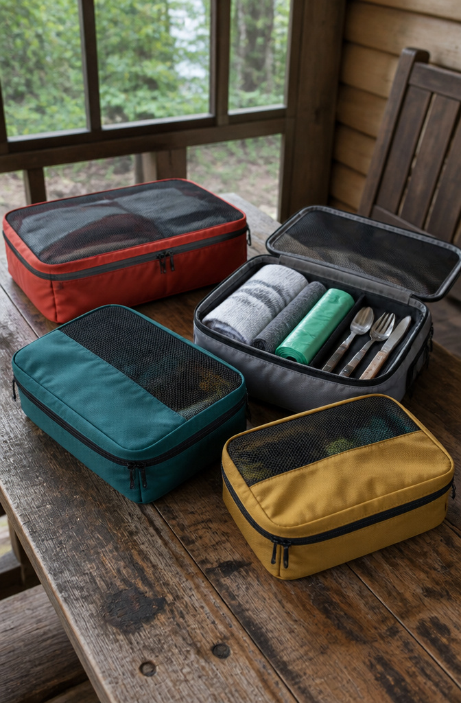 10 Gear Organization Ideas for Your Space in 2026 6 Variety of packing cubes arranged on a rustic picnic table.