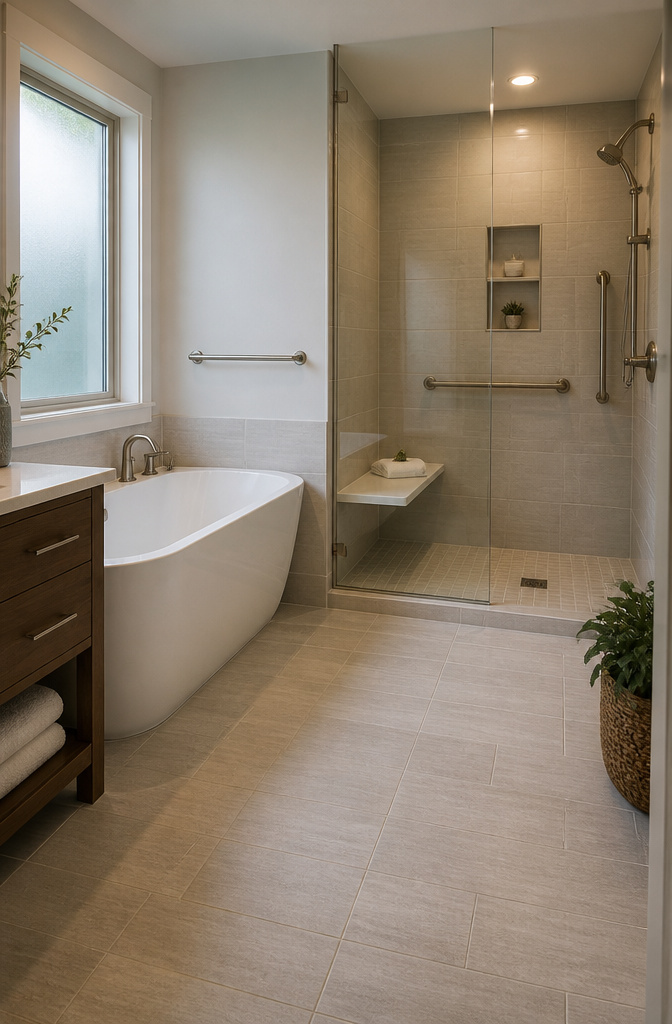 6 Bathroom with Bath and Shower Ideas for 2026 6 Stylish grab bars and non-slip surfaces in a modern shower area.