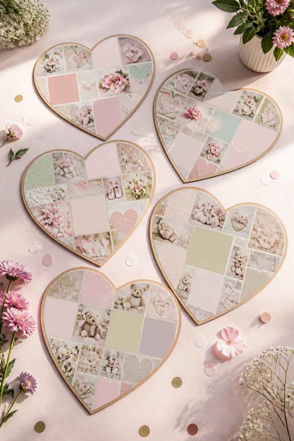 Baby Shower Card Heart Shaped Collage: Ideas for 2026 6 Multiple heart-shaped collages with decorative accents on a light background.