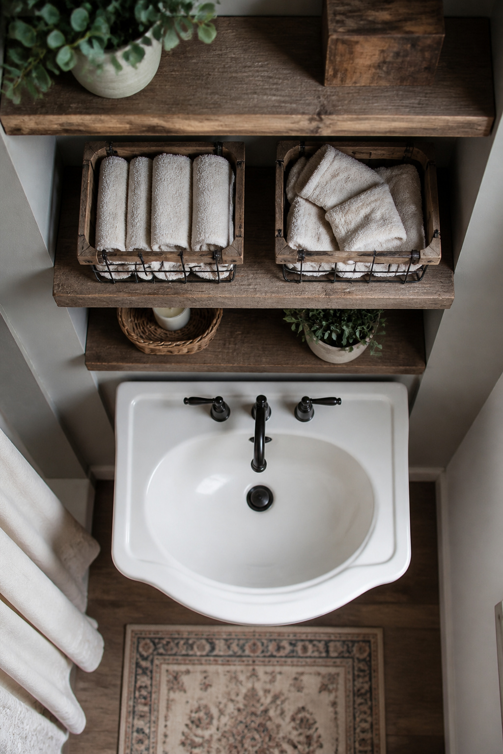 Open shelving with labeled baskets for towel storage.