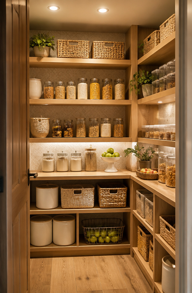 10 Small Pantry Ideas That Maximize Storage in Tight Kitchen Spaces 6 Organized pantry shelves with distinct zones for breakfast and baking.
