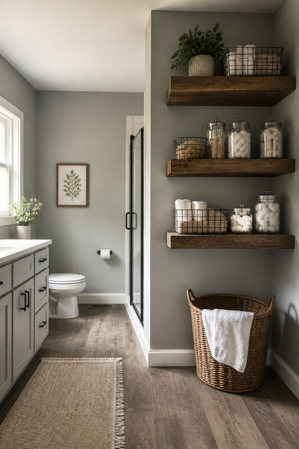 Standard Builder Grade Bathroom Light to Modern Farmhouse Makeover 6 Open wood shelves displaying bathroom essentials.