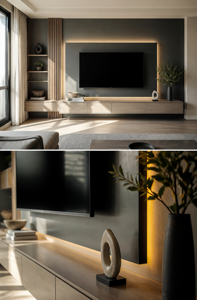 20 TV Cabinet Ideas That Blend Storage, Style and Smart Design 6 A modern TV panel with LED backlighting illuminating the screen and wall.