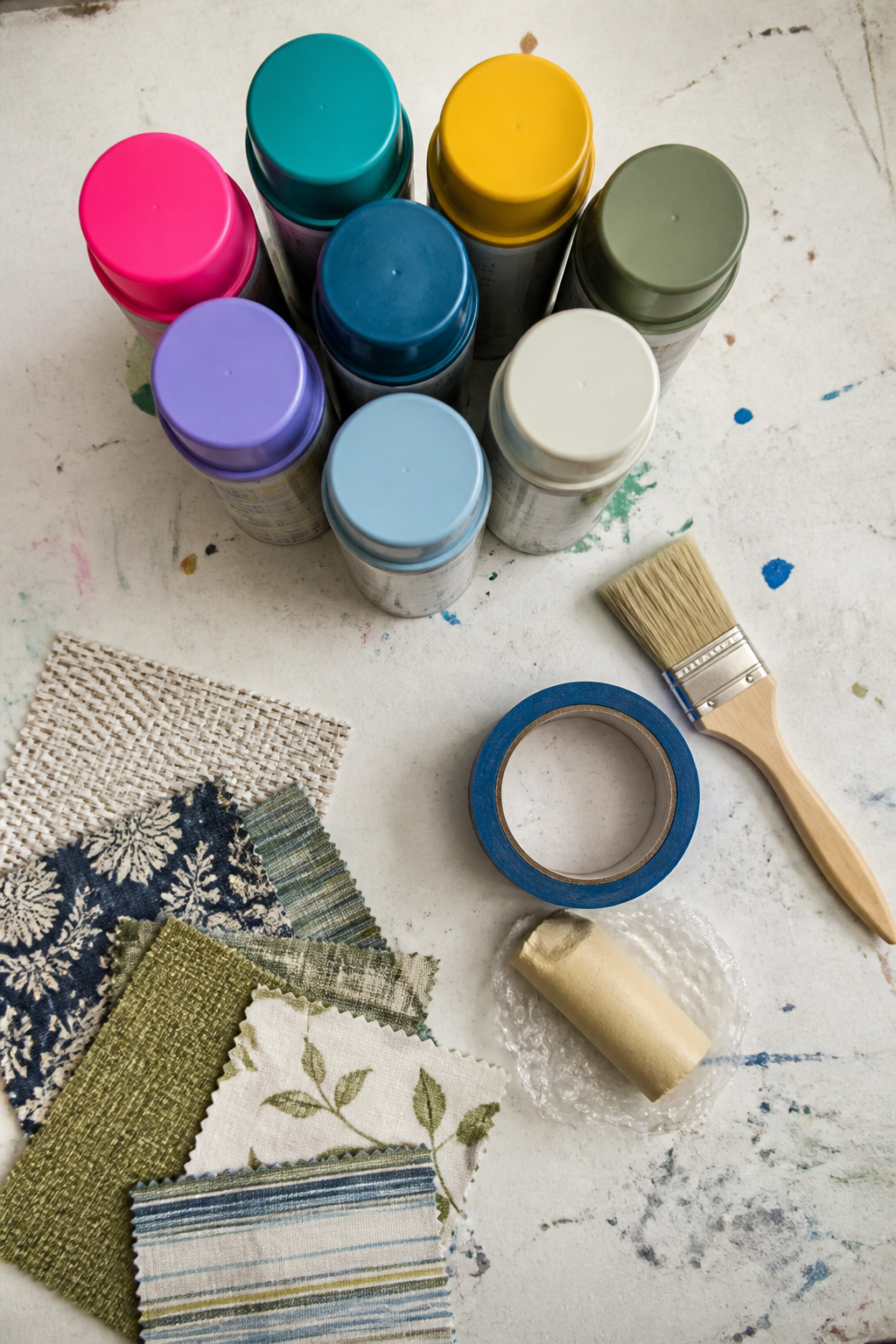 Spray paint, epoxy putty, and tools arranged on a workbench.