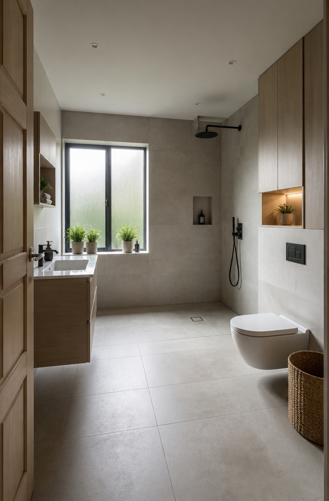 Wet room featuring a tiled floor and open shower area.