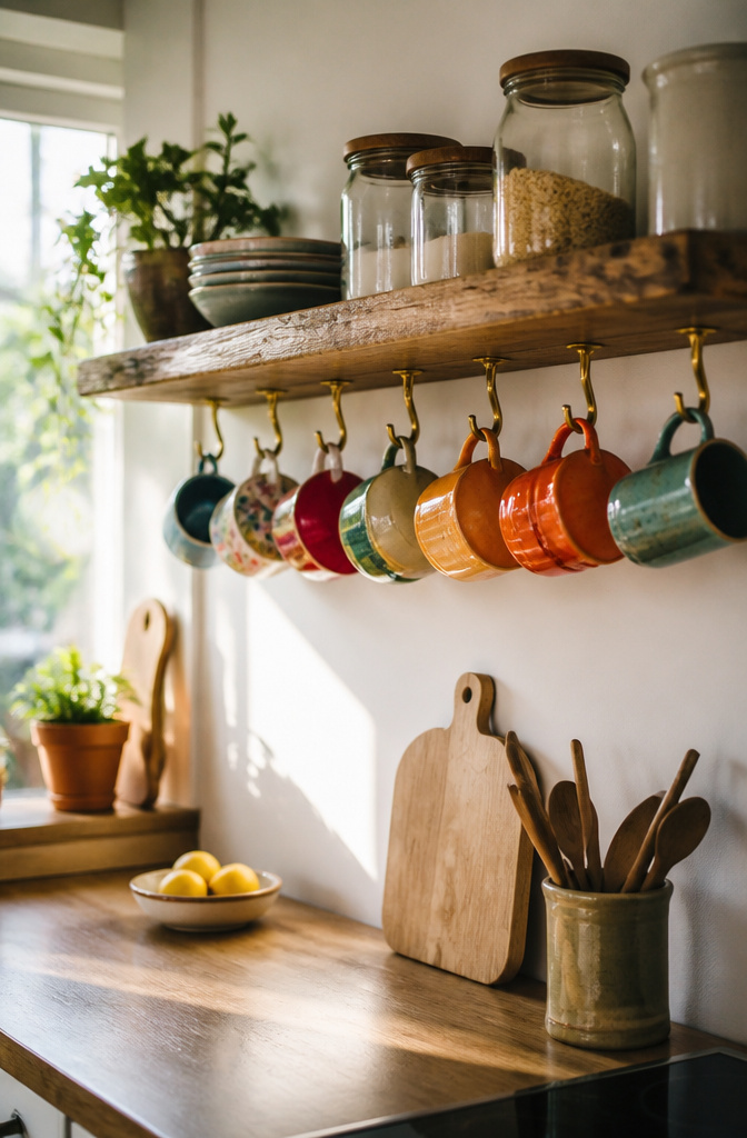 15 No Kitchen Cabinets Storage Ideas for 2026 6 Colorful mugs hanging from hooks beneath a wooden shelf.