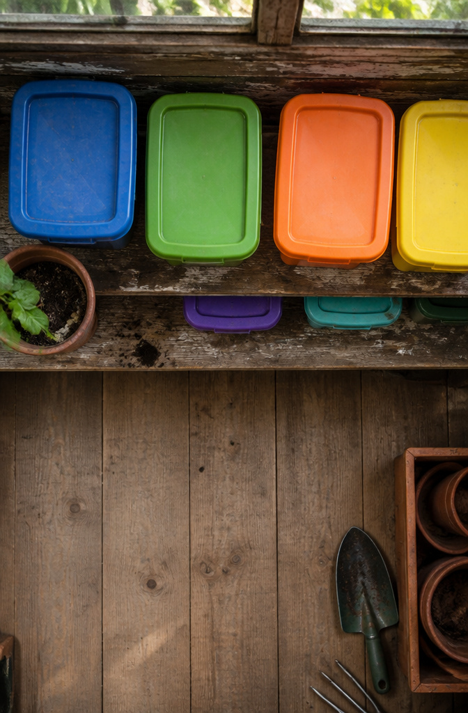20 Garden Organization Ideas for Sheds, Tools and Supplies in 2026 6 Stacked plastic bins storing potting mix and dry fertilizers.