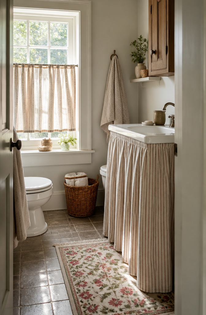 A bathroom featuring layered fabrics and a skirted sink base.