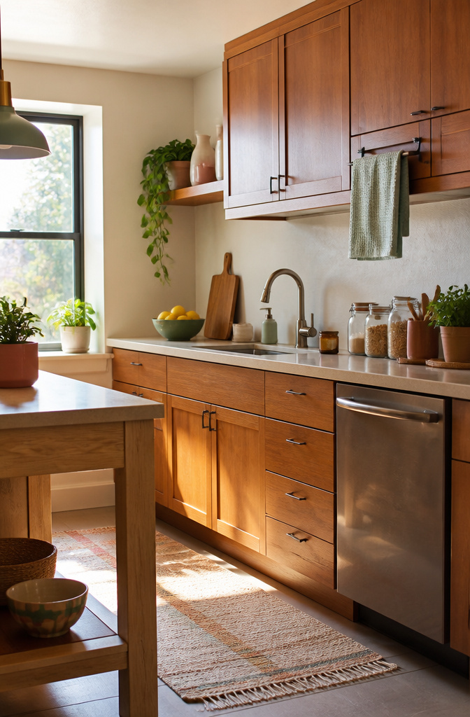 12 Apartment Kitchen Storage Ideas for Tight Spaces (2026) 6 A towel bar mounted on the back of a cabinet door with a dish towel.