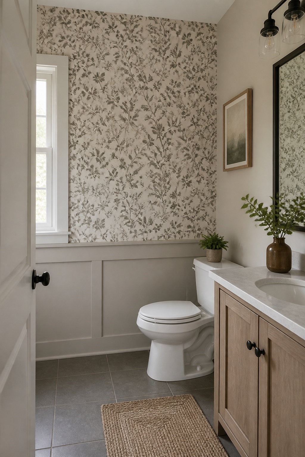 Standard Builder Grade Bathroom Light to Modern Farmhouse Makeover 7 A feature wall in the bathroom covered with bold wallpaper.