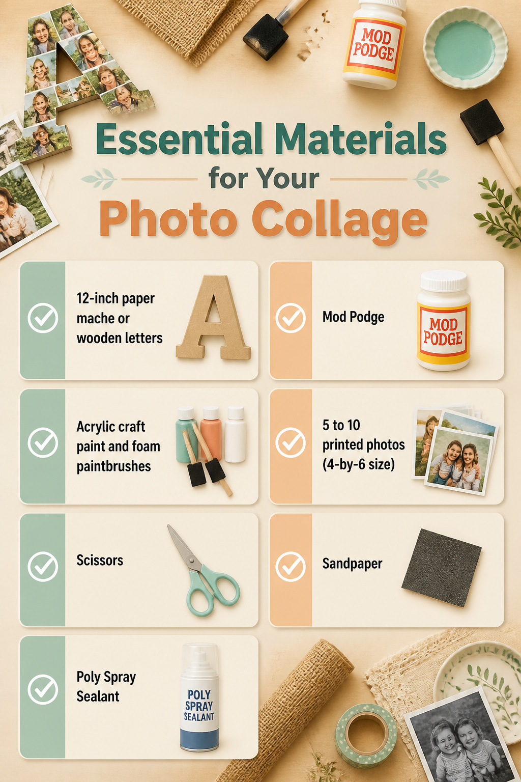 Supplies including letters, Mod Podge, and photos for a collage project.