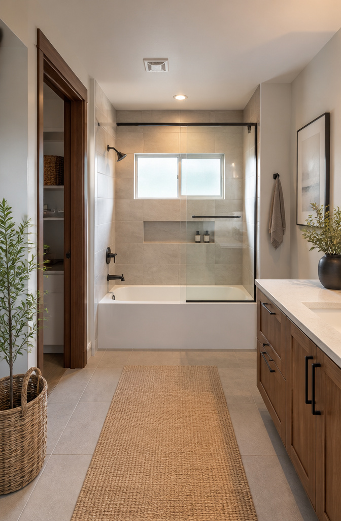 6 Bathroom with Bath and Shower Ideas for 2026 7 Ceiling lights and ventilation fan positioned above a tub-shower combo.