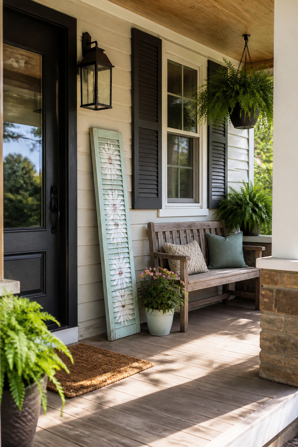 A finished shutter sign placed against a wall on a porch.