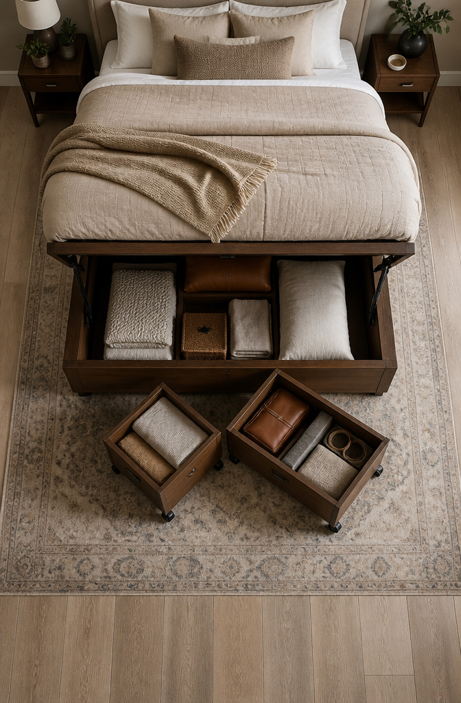10 Small Bedroom Wardrobe Ideas for Space-Smart Storage in 2026 7 Storage drawers tucked under a bed in a small bedroom.