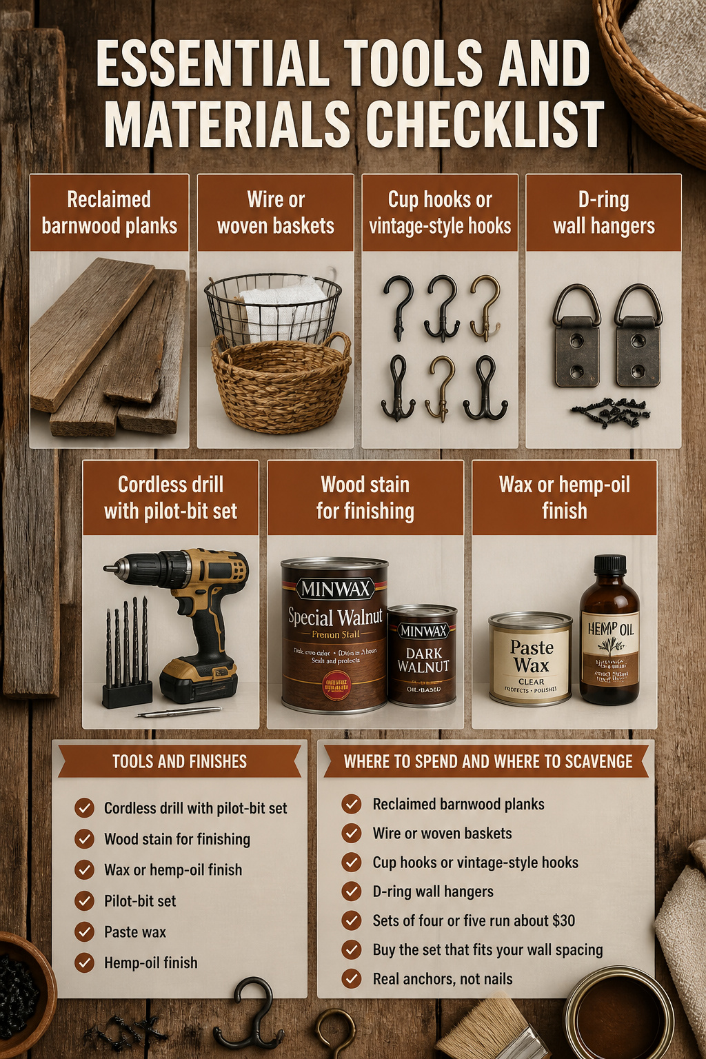 Checklist of tools and materials for towel storage.