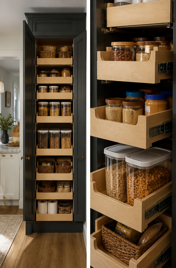 9 Small Pantry Shelves Ideas That Use Every Inch (2026) 7 Pull-out shelves in a pantry holding breakfast items and backup stock.