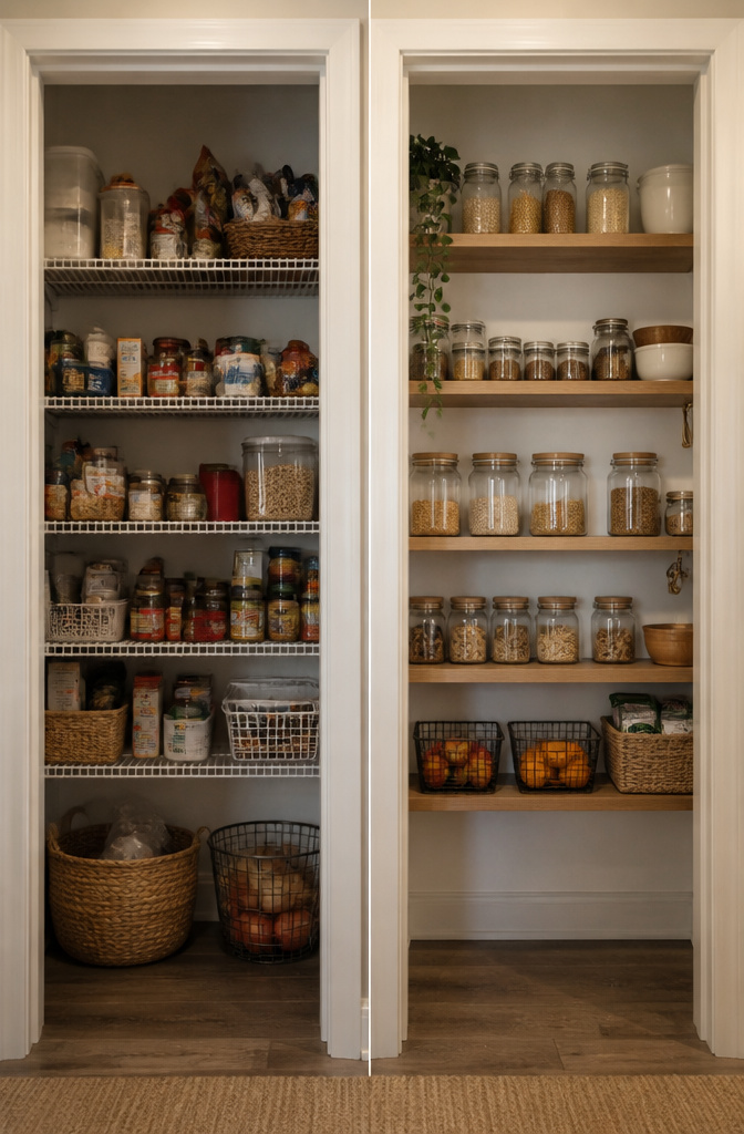 10 Small Pantry Ideas That Maximize Storage in Tight Kitchen Spaces 7 Shallow pantry shelves holding various jars and boxes.