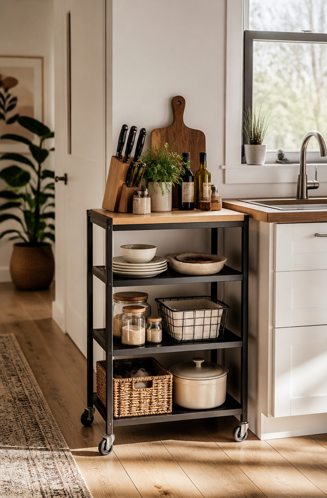 15 No Kitchen Cabinets Storage Ideas for 2026 7 A multi-tiered rolling cart with cooking supplies beside a kitchen setup.