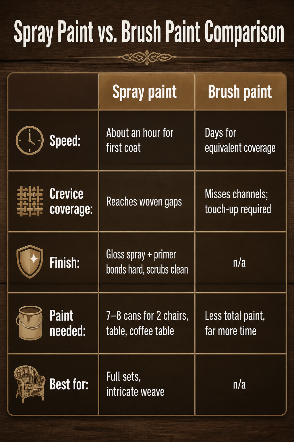 Side-by-side comparison of spray paint and brush paint on wicker.