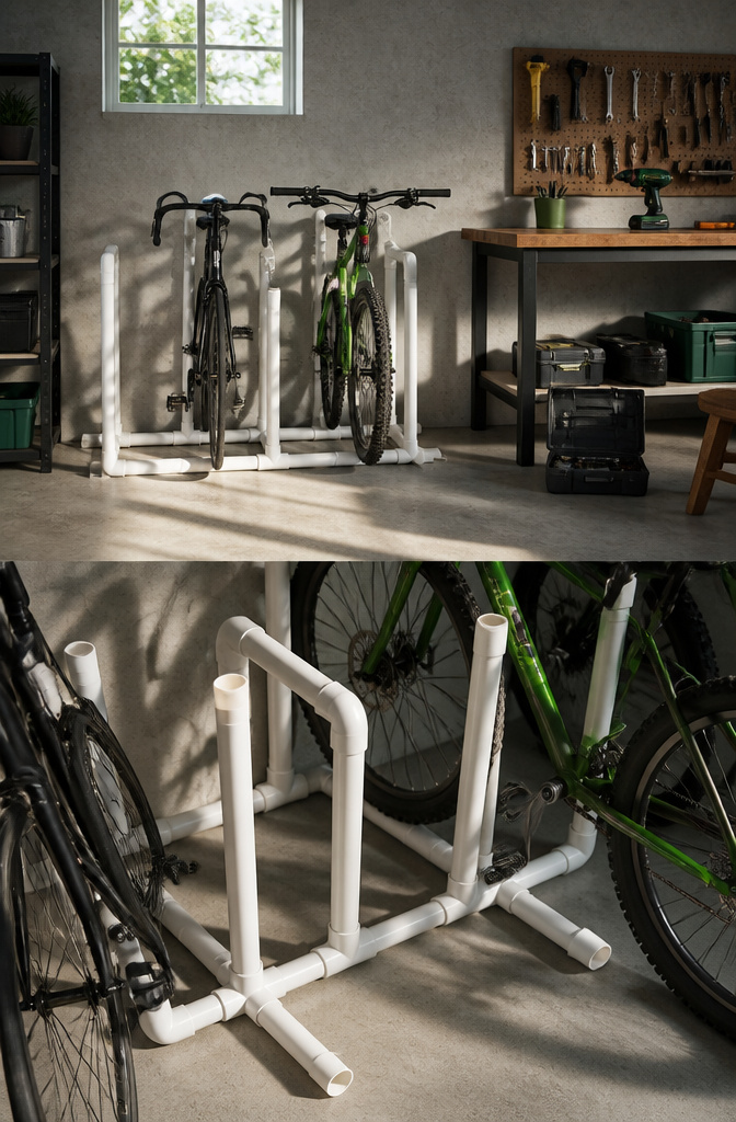 11 Eco-Friendly Bike Storage Ideas: Sustainable Ways to Store Your Bike (2026) 7 A homemade bike rack made from PVC pipes.