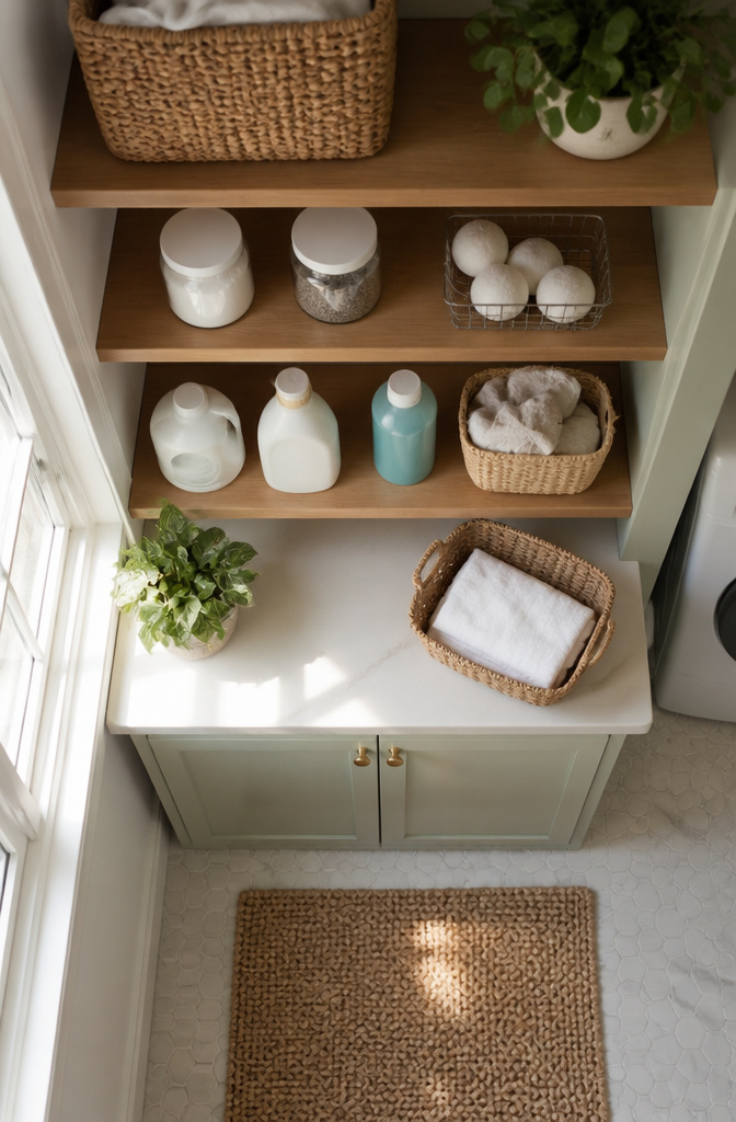 9 Utility Room Cabinet Ideas for Storage, Style and Budget in 2026 7 Open shelves displaying laundry supplies in a utility room.