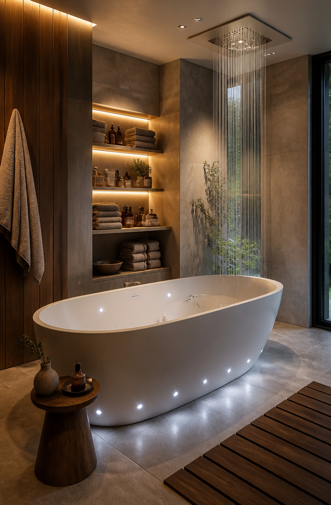 10 Bathroom with Bathtub Ideas for Every Style and Space 7 A spa-inspired tub with soothing jets and ambient lighting in a serene bathroom.