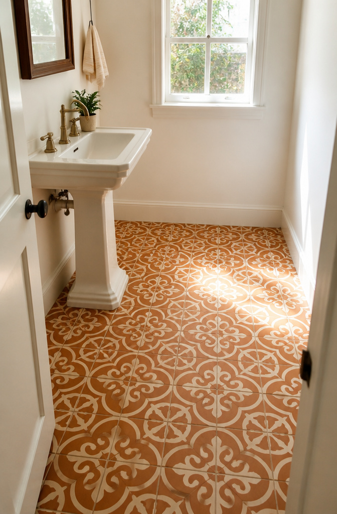 20 Tiny Bathroom Ideas for Compact Spaces in 2026 7 A bathroom floor featuring patterned tiles with plain white walls.