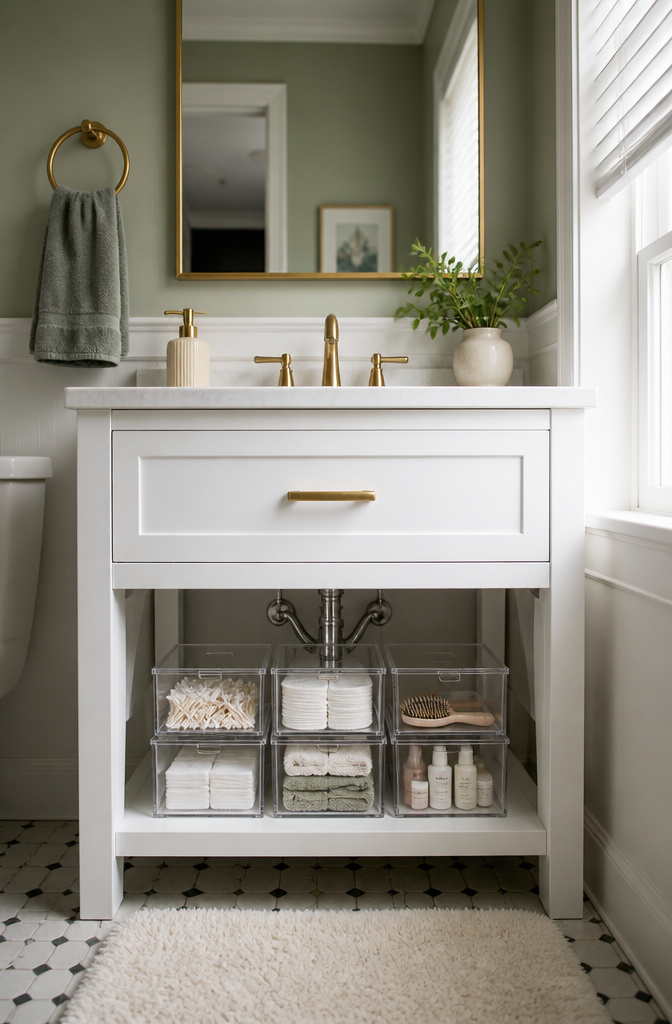 20 Small Bathroom Vanity Organization Ideas for 2026 7 Stackable clear bins are organized under a small bathroom vanity.