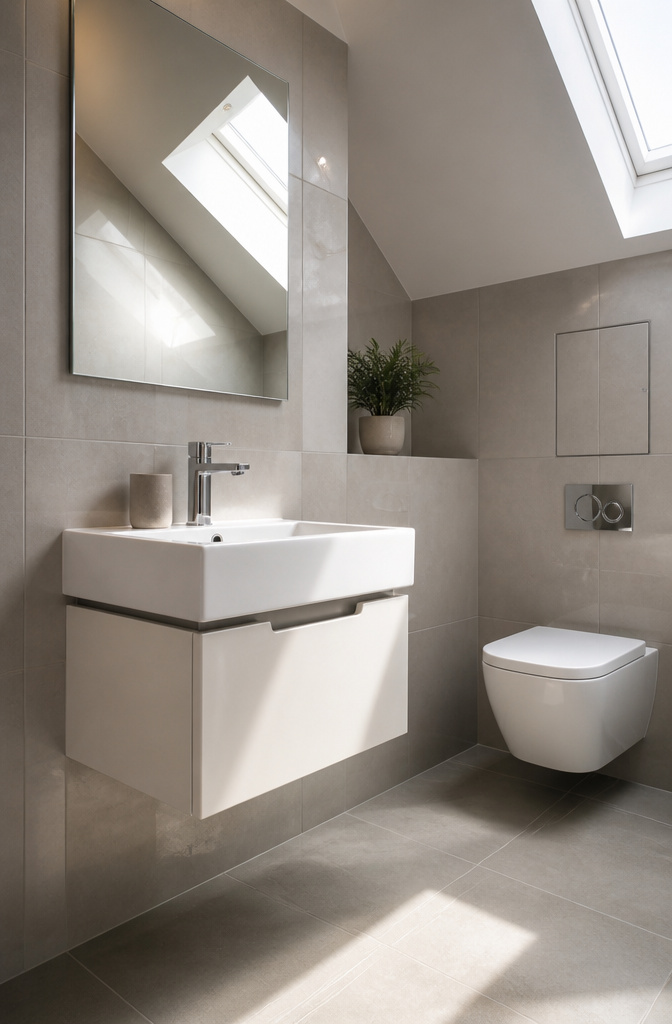 Bathroom with wall-mounted sink and toilet, showcasing hidden plumbing.