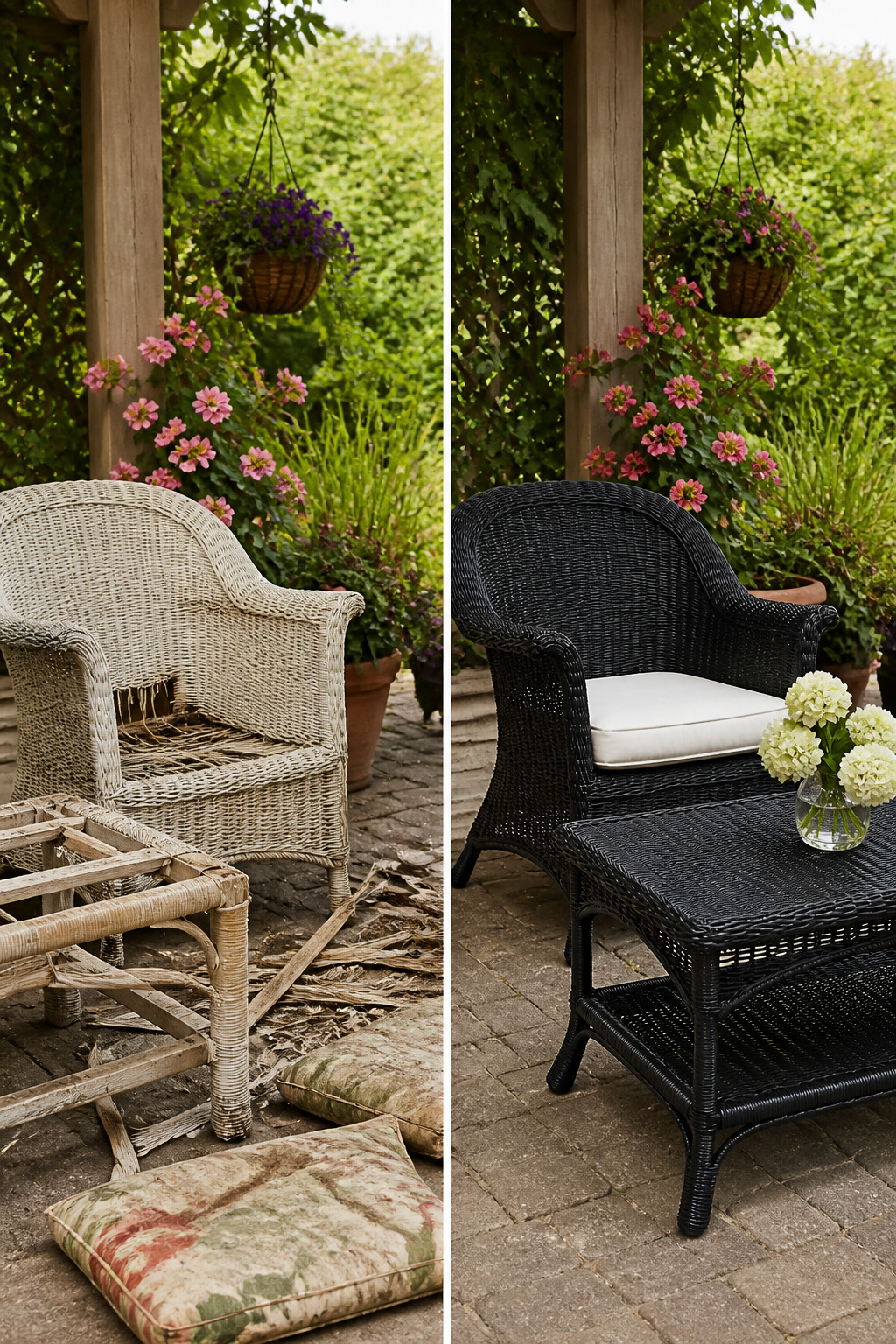 New wicker furniture set alongside cans of spray paint for comparison.