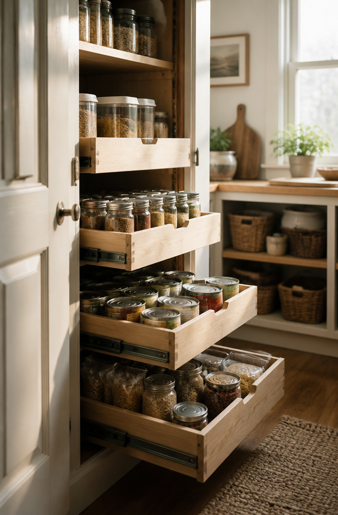 10 Small Pantry Ideas That Maximize Storage in Tight Kitchen Spaces 8 Pull-out drawers filled with organized cans and spices.