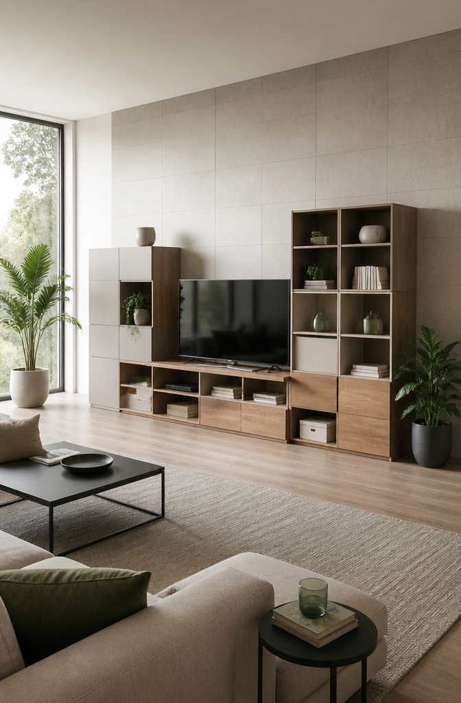 20 TV Cabinet Ideas That Blend Storage, Style and Smart Design 8 A modular cube TV unit arranged with baskets and cables for organization.