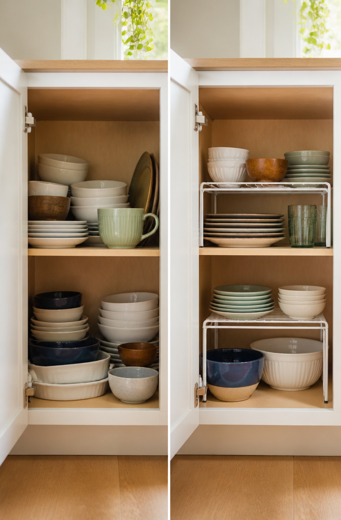 15 No Kitchen Cabinets Storage Ideas for 2026 8 Wire stacking shelf inserts creating additional tiers for plates.