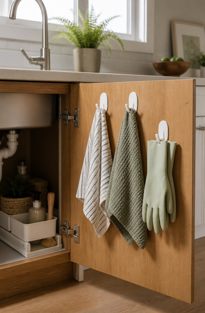 How to Organize Your Kitchen Sink Cabinet: 8 Ideas for 2026 8 Adhesive hooks with dish towels and rubber gloves hanging on a cabinet door.
