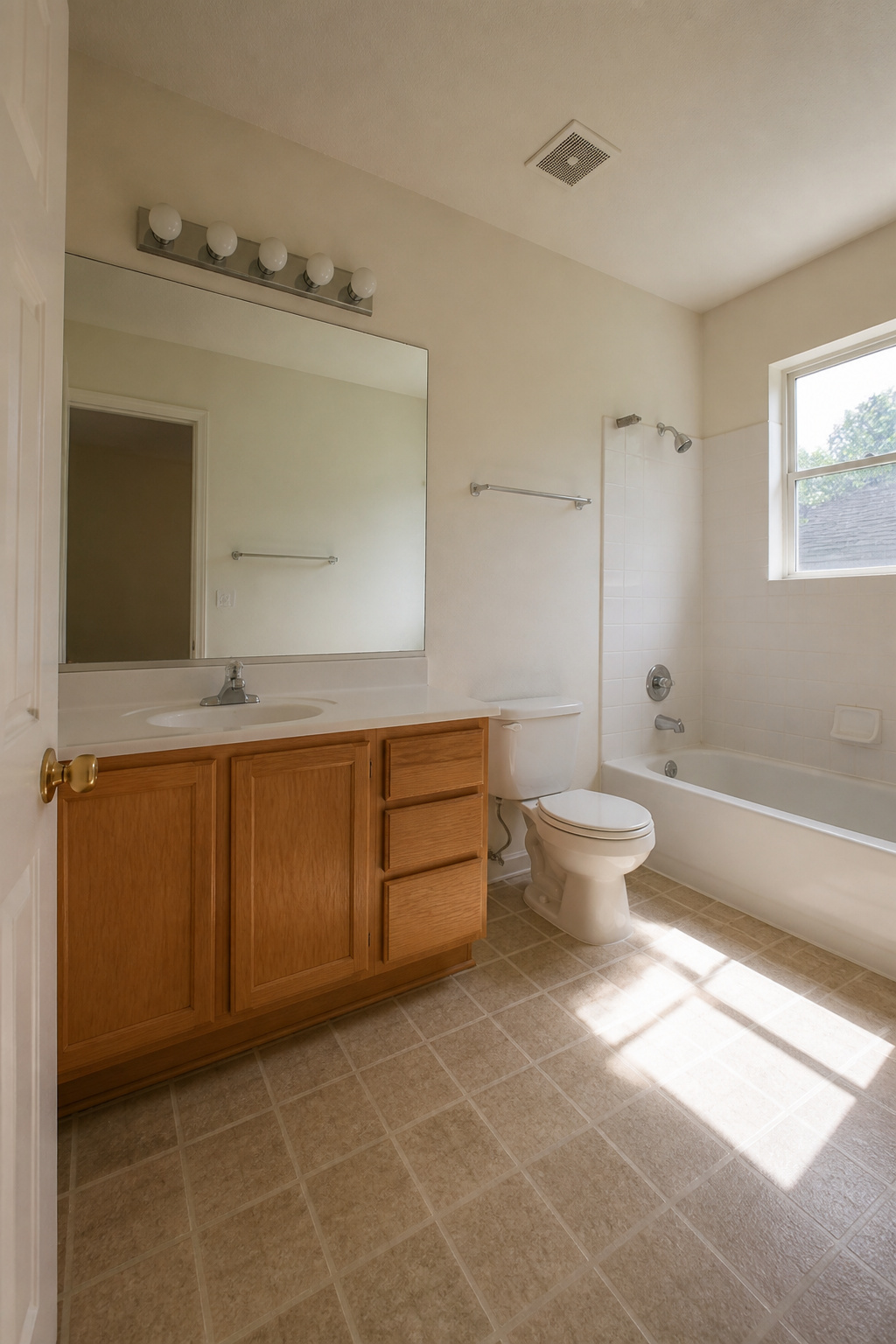 Standard Builder Grade Bathroom Light to Modern Farmhouse Makeover 8 Basic builder-grade bathroom with dull fixtures and unframed mirror.