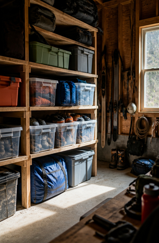 10 Gear Organization Ideas for Your Space in 2026 8 Labeled bins and bags on a wooden shelf in a garage.